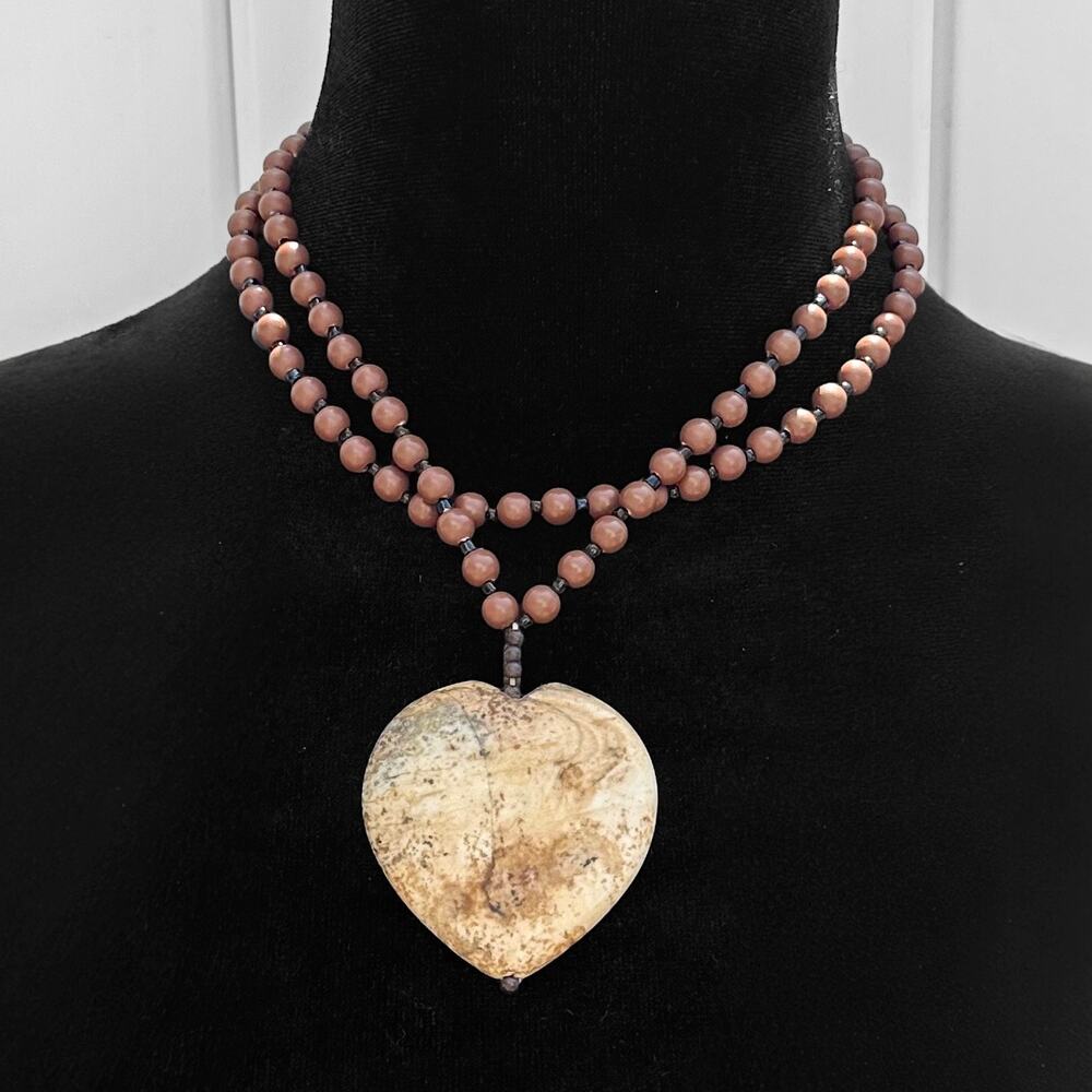Picture Jasper Heart Shape Natural Pendant Wooden Beads Double Choker Necklace